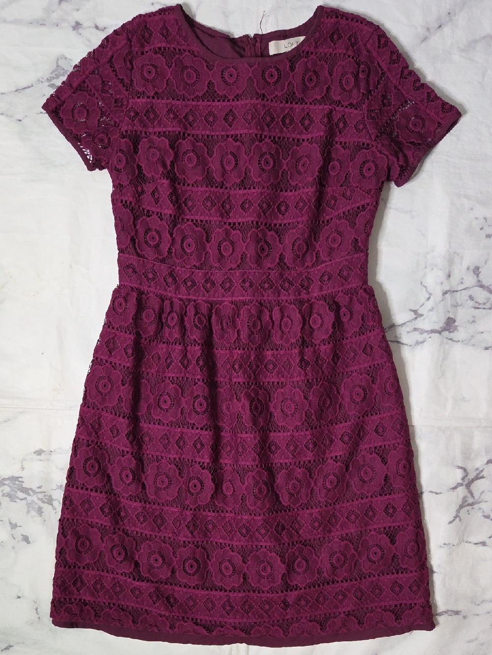 Loft Maroon Floral Lace Short-Sleeve Sheath Dress